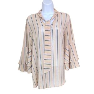 Ces Femme Beige Navy Striped Tie Neck Bell Sleeve Blouse Size Medium